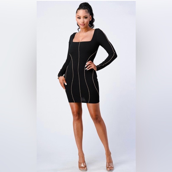 Elegant Black Long Sleeve Seam Detail Dress - Picture 4 of 6